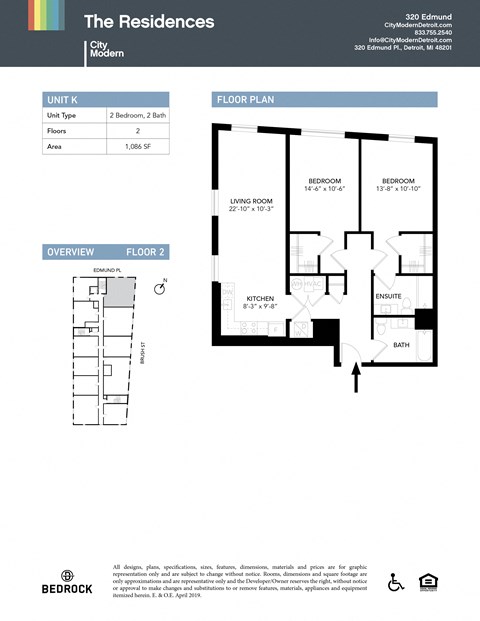 Floor plan for 2 beds, 2 baths, 1086 sqft